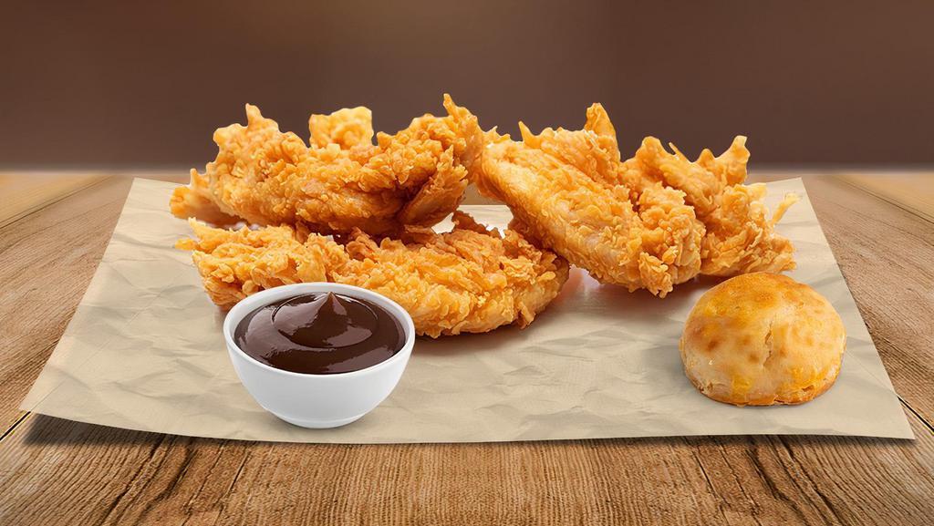 3 Piece Tender'S W/ Biscuit  · Crisp, boneless, 100% white meat, additive and preservative free chicken Tenders; the perfect answer to your craving. Come's with a Biscuit!