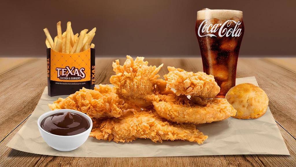 5 Piece Tender'S W/ A Side, Beverage & Biscuit · Crisp, boneless, 100% white meat, additive and preservative free chicken Tenders; the perfect answer to your craving. Come's with a Biscuit, a Side, and a Soda.