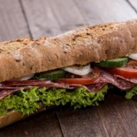Hard Salami Sandwich · Delicious Hard Salami sandwich served with cheese, lettuce, tomato, and onions.
