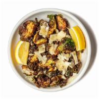 Honey Brussels (Gf) · gf- gluten free, flash fried brussel, asiago, meyer lemon honey, sea salt