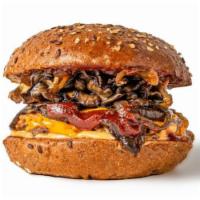 Impossible Shrooming (V) · v- vegan, vegetarian; impossible patty, wild mushroom, caramelized onion, chipotle garlic ai...