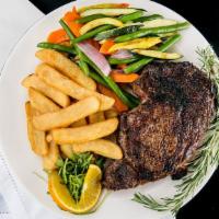 10Oz Ribeye Delmonico · Topped with Our Chimichurri Sauce. Served with Veggies, & Choice of Steak Fries, Rice Pilaf ...