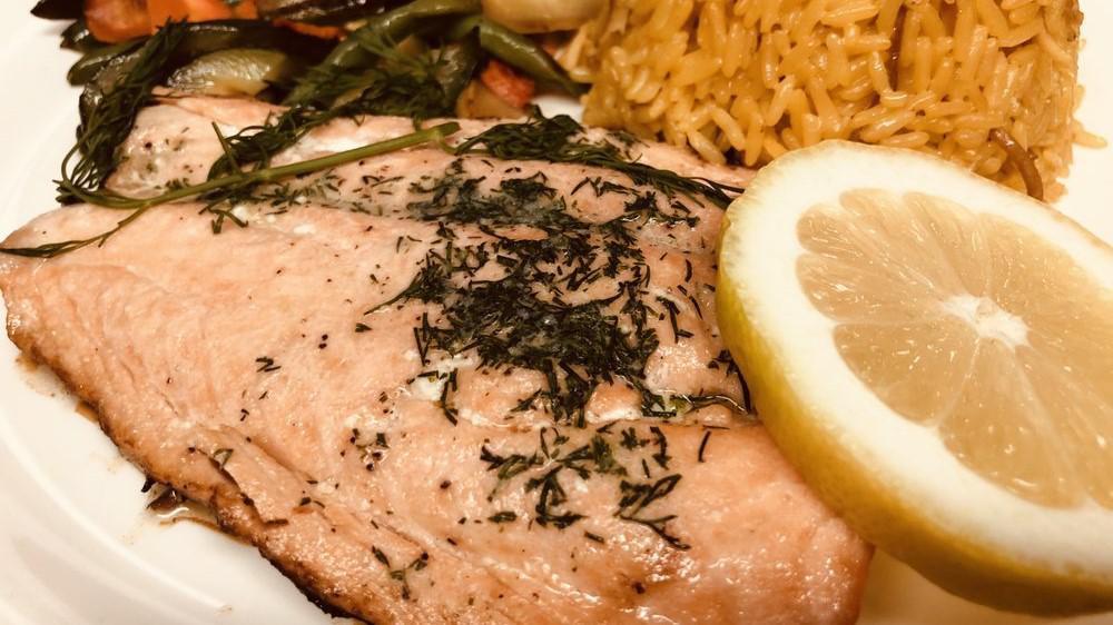 Dill Salmon · Lightly Seasoned & Broiled. Topped with Dill Butter with Rice Pilaf & Veggies.