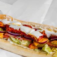 Chicken Cutlet Cut · On a hero with mayo, lettuce, tomatoes, onions and cheese.