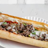 Philly Cheesesteak · Fresh halal steak served on fresh hero bread with cheese, mayo, ketchup, onions, green peppe...