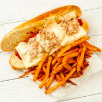 Chicken Cheesesteak · fresh chicken cheesesteak on hero bread with mayo ketchup , green peppers, onions with white...