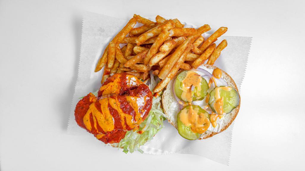 Spicy Chicken Sandwich · Spicy. Fresh halal spicy grill chicken sandwich served on brioche bun that includes lettuce, tomato, onions, pickles, mayo and our homemade sauce.