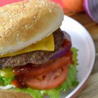 Cheese Burger · fresh beef burger  with lettuce, tomatoes, onions and pickles topped off with white american...