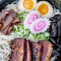 Shoyu* · Seven-hour Chicken Broth, topped with Pork Belly, Cabbage, Soft Boiled Egg, Scallions, Wood ...