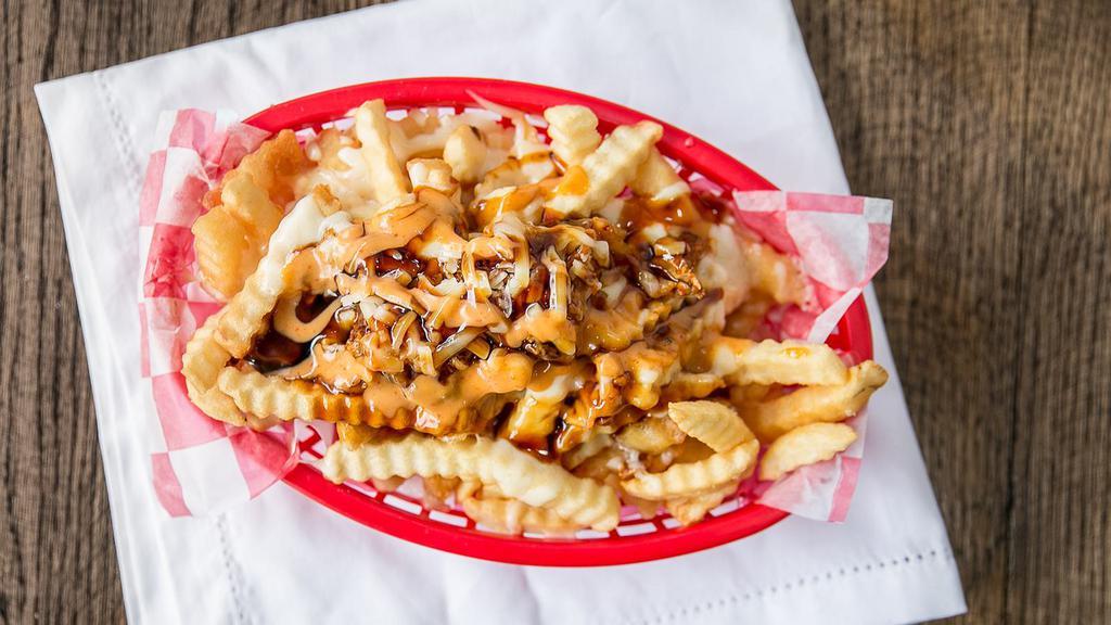 K. Rowling Fries* · Japanese Korean Inspired Fries with Pork Belly, Kimchi, Cheese, Spicy Mayo and Teriyaki Sauce.