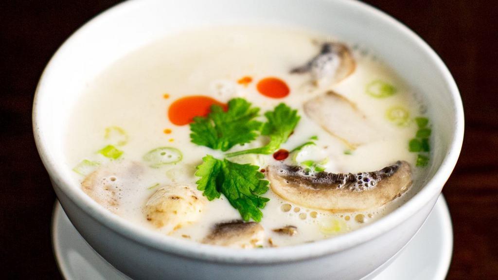 Tom Kha Kai Small · Chicken, mushroom, galangal, and scallion in coconut soup.