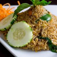 Basil Fried Rice · Stir-fried rice with basil, onion, bell pepper, carrot, basil, chili, tomato, and egg.