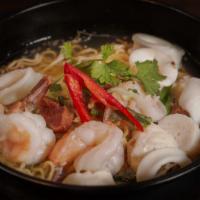 Seafood Noodle Soup  · Steamed noodle with steamed shrimp, calamari, green onion, bean sprout, you-choy in clear soup