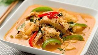 Red Curry No Fish Sauce (Vegetarian Friendly) · Red curry with bamboo shoot, bell pepper, carrot, and basil in coconut milk. Spicy