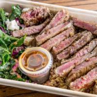 Angus Steak Bowl · Grass-fed grilled New York Strip loin steak, served with chimichurri  sauce, choice of grain...