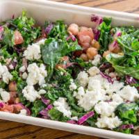 Small Kale Salad · Kale, garbanzos, tomatoes, feta cheese, red cabbage,  chickpeas and lemon-dill dressing.