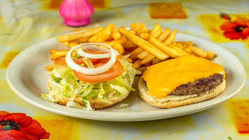 Avocado Burger · Served with melted Jack and cheddar cheeses on toasted bun with french fries, pickles, onions, lettuce and tomatoes.
