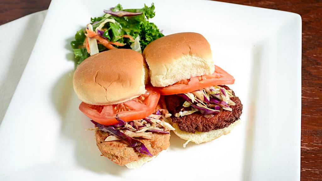 Chicken Or Steak Sliders · A pair of vegan sandwiches served with garden salad or fries