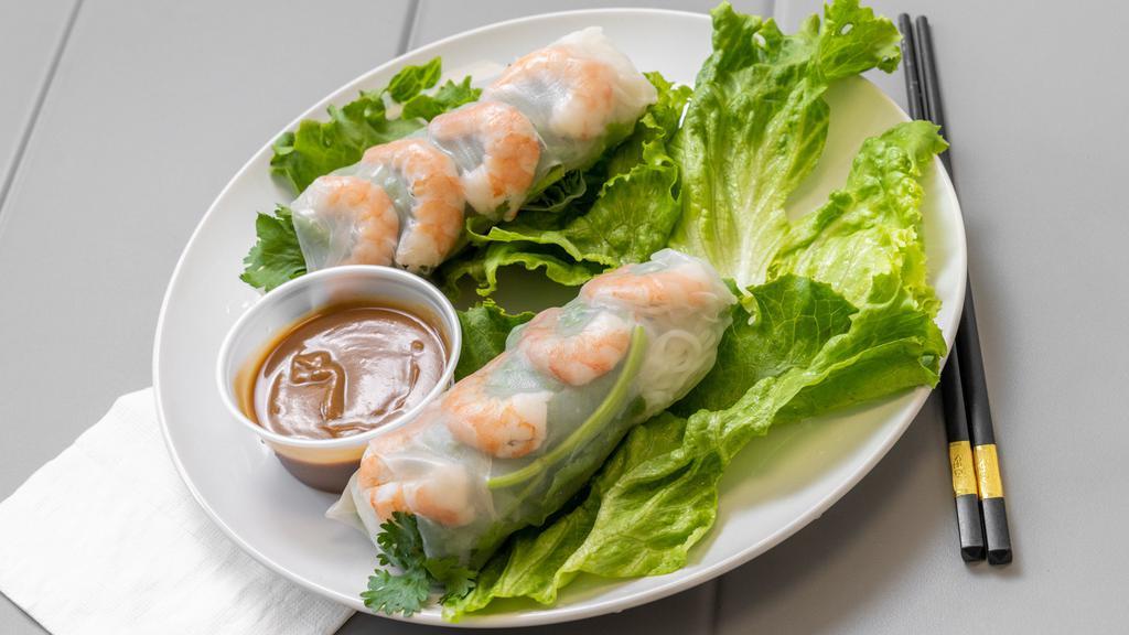 Summer Rolls (2) · Fresh boiled shrimp, lettuce, rice vermicelli, and cilantro wrapped in rice paper. Served with peanut hoisin sauce.