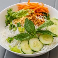 Rice Vermicelli Salad · Lettuce, cucumber, mint leaves and rice vermicelli topped with scallion oil, fried red onion...