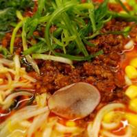 Tan Tan Men Ramen · Minced pork, scallion, bean sprouts, corn kernels, red radish, green soy bean and kale