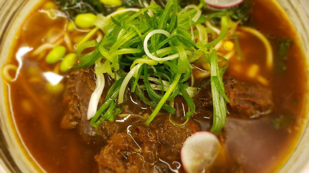 Soy Sauce Beef Stew Noodle · Beef, kale, green soy bean, corn kernels,red radish and scallion