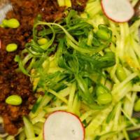 Hot And Tingly Beef Mince Banmen · Noodle, no soup. Minced beef, cucumber, green soy bean, red radish and scallion