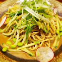 Sesame Paste Cold Banmen · Noodle, no soup. Sesame paste, cucumber, green soy bean, red radish and scallion
