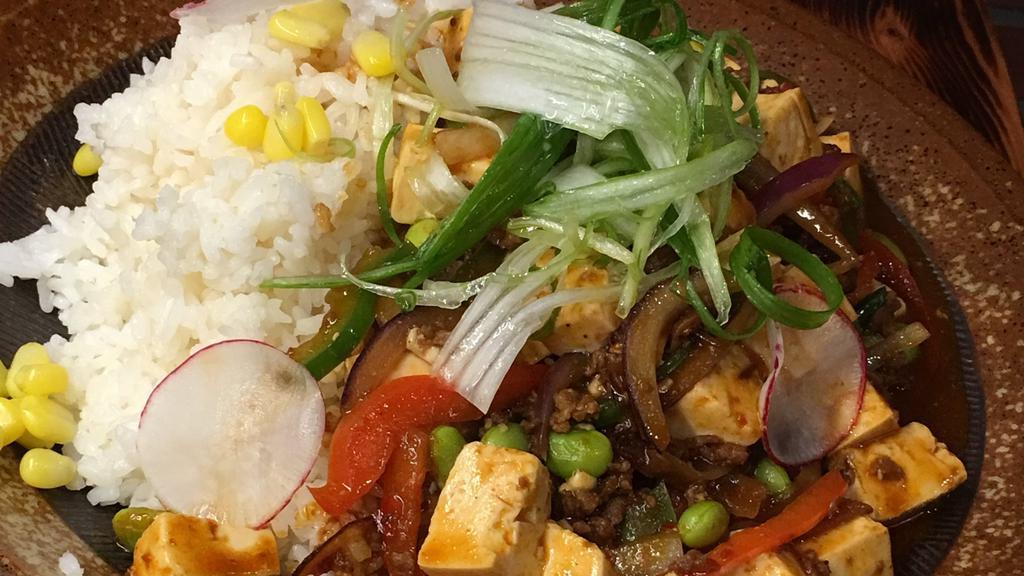 Ma Po Tofu Donburi · Rice topped with ma po tofu, minced pork, tofu, onion, green pepper and green soy bean