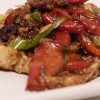 Flash Fried Calamari · Fried and tossed with capers, scallions, hot and sweet cherry peppers, kalamata olives and b...