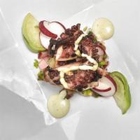 Spanish Style Octopus · Tomatillo, jalapenos, cilantro and red onion salsa finished with citrus lime and avocado aio...