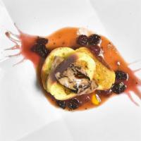 Foie Gras · Toasted brioche dried cherry and peach puree framboise beer.