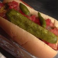 Windy City · Yellow mustard, relish, diced onions, tomatoes, pickle, sport peppers, and celery salt.