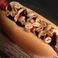 Dessert Dawg · Peanut butter, sliced bananas, chocolate sauce, and crushed peanuts.