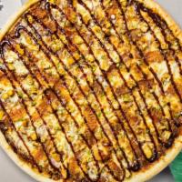 Bbq Chicken Pizza · BBQ sauce, mozzarella cheese, red onion, BBQ chicken and cheese baked in an oven