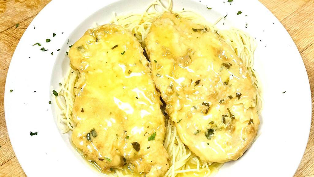 Chicken Francaise Over Pasta · Chicken lightly battered with egg sautéed in white wine, butter and lemon sauce.