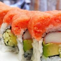 Spicy Supreme Roll · Avocado, cucumber, crab cake inside, spicy tuna outside.