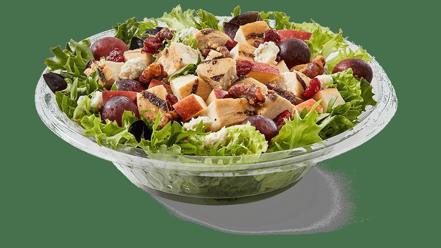 Apple Walnut Salad · All-natural grilled chicken breast, crumbled blue cheese, grapes, apples, dried cranberries, candied walnuts, served on a bed of field greens, with balsamic vinaigrette