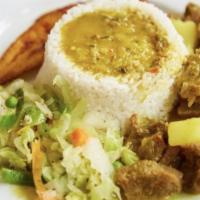Curry Goat · Consist white rice or rice and peas with one side.