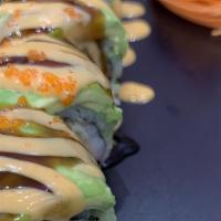 Crazy Dragon Roll · Spicy salmon and eel topped with avocado, eel sauce, spicy mayo and masago.