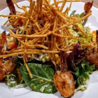 Cilantro Lime Shrimp · Wild shrimp, organic baby greens, heirloom tomatoes, grilled corn, jack cheese, tortilla cri...