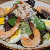Chilled Shrimp & Crab Louis  · Gluten Free. 470 cal. Organic baby greens, egg, heirloom tomatoes, louis dressing.