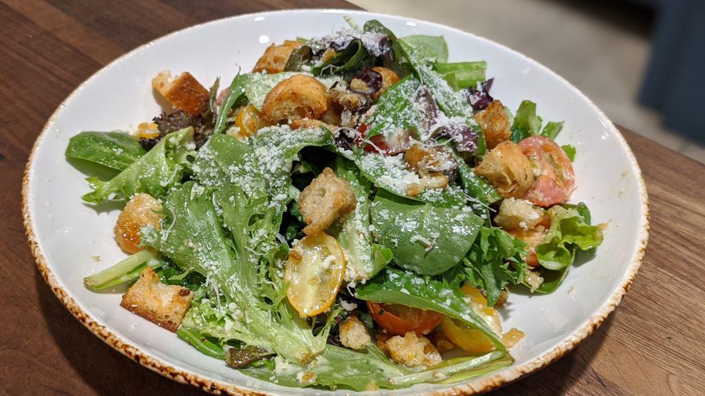 Simple Salad · Organic baby greens, heirloom tomatoes, garlic croutons, parmesan cheese, creamy garlic vinaigrette 230 cal.