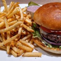 Grill Burger* · lettuce, tomato, red onion, sharp white cheddar cheese, roasted garlic aïoli, toasted artisa...