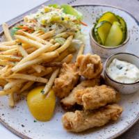 Halibut & Chips · Ale battered halibut, fresh slaw, remoulade sauce, b&b pickles, herbed french fries 960 cal.