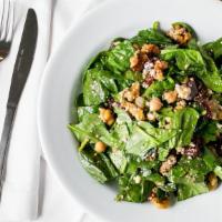 Spinach · Gluten free. Vegetarian. Baby spinach, beets, walnuts, feta, chickpeas and balsamic dressing.