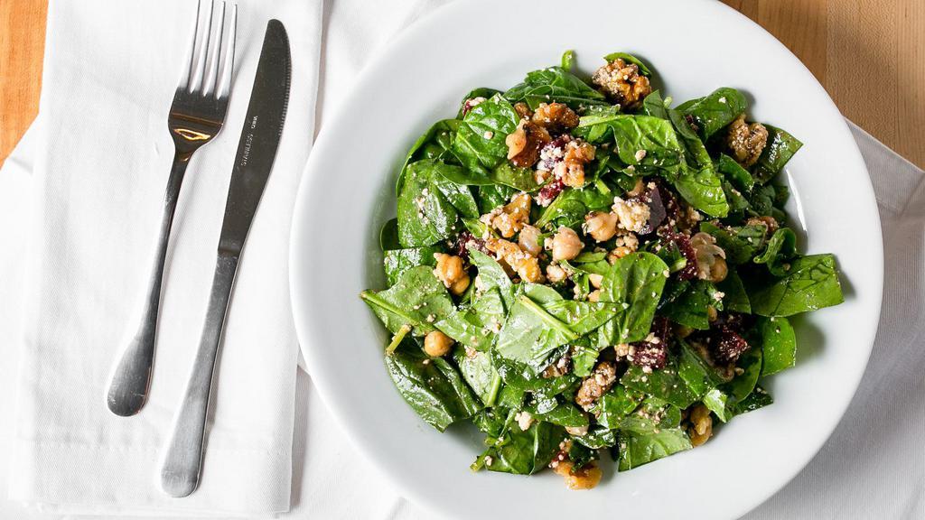 Spinach · Gluten free. Vegetarian. Baby spinach, beets, walnuts, feta, chickpeas and balsamic dressing.