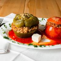 Yemista · Pepper and tomato stuffed with ground meat, rice and mint.