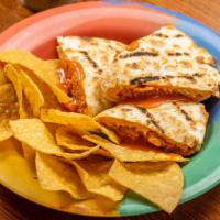 Mini Quesadilla · Melted jack & cheddar cheese in an 8” flour tortilla served with chips