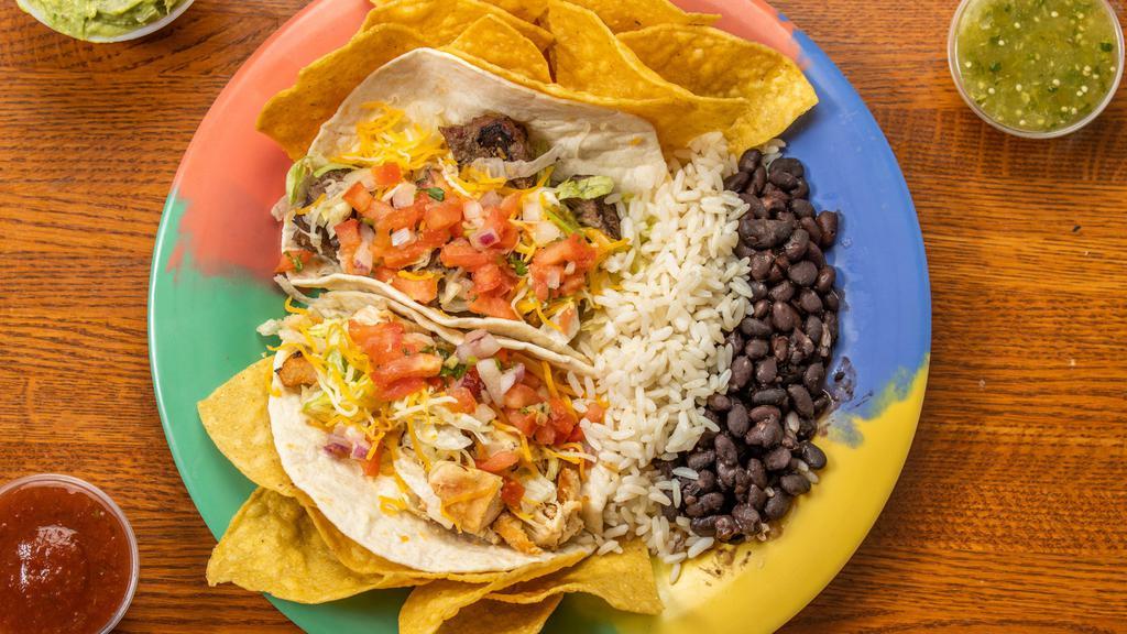 Combo #2 · Any two tacos, rice, beans, chips, and a fountain drink of your choice.